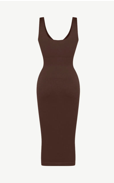 brown shapewear dress Built-In Shapewear Midi Slip Dress | Tummy Sculpting V-Neck
